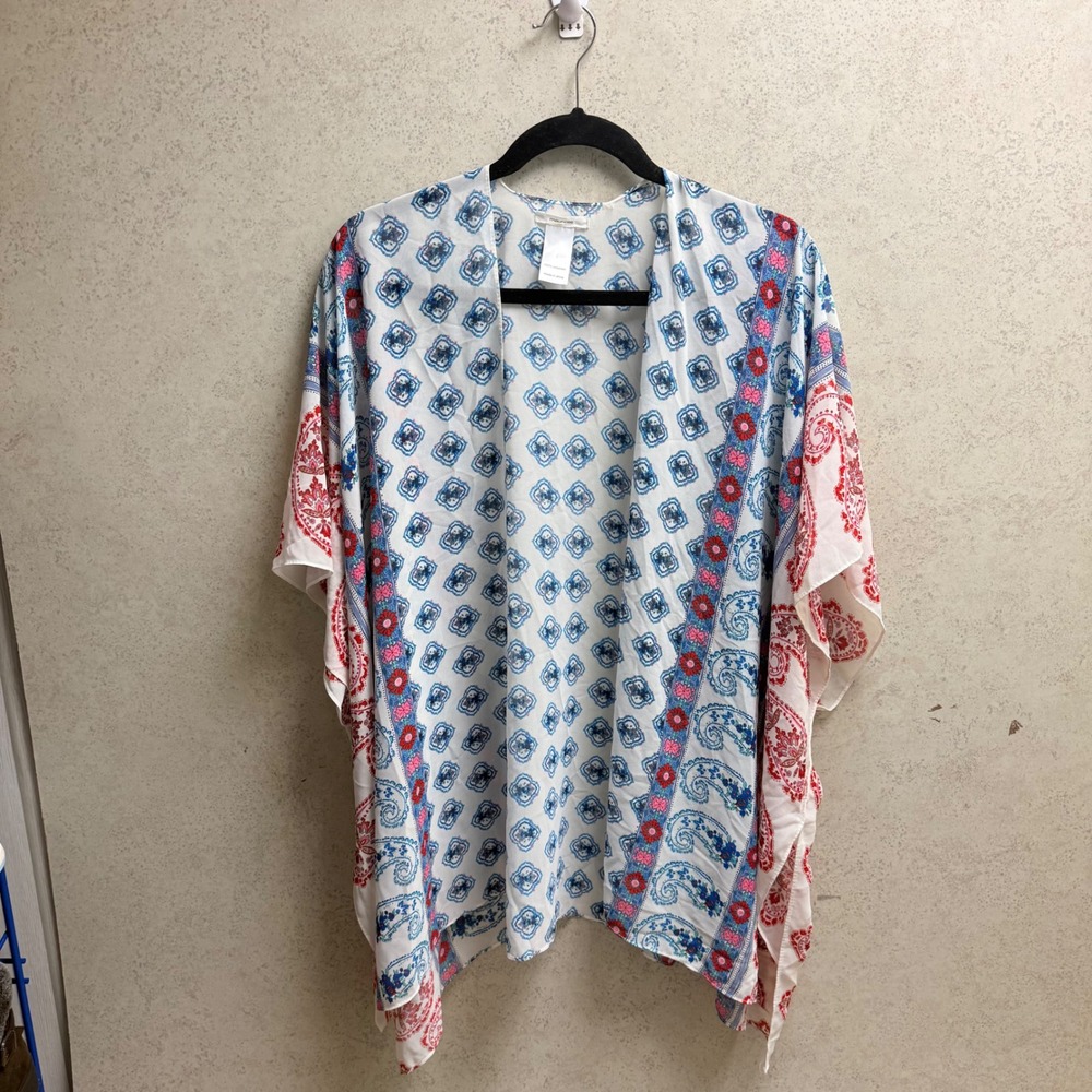 Maurices OS Women White Blue Pink Floral Paisley‎ Boho Artsy Lightweight Kimono